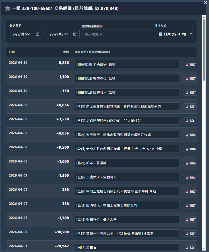 銀行交易明細頁面